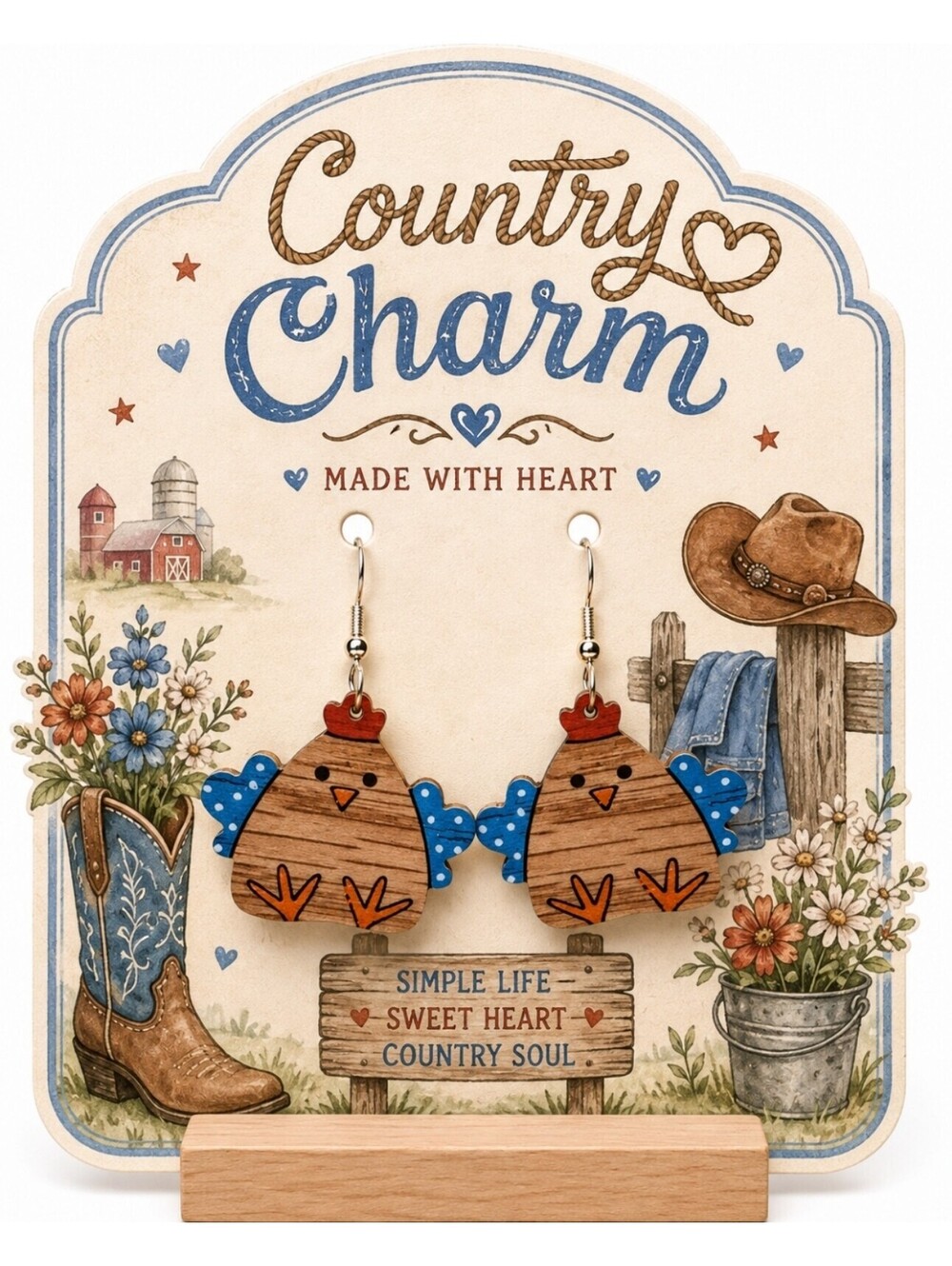 Country Chicken Hen Polkadot Wood Earrings